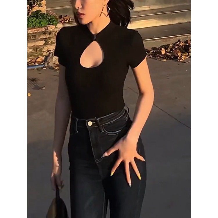 Áo Thun Ngắn Tay Khoét Lỗ Rỗng Phong Cách Sườn Xám Cổ Điển Mùa Hè Mới Cho Nữ