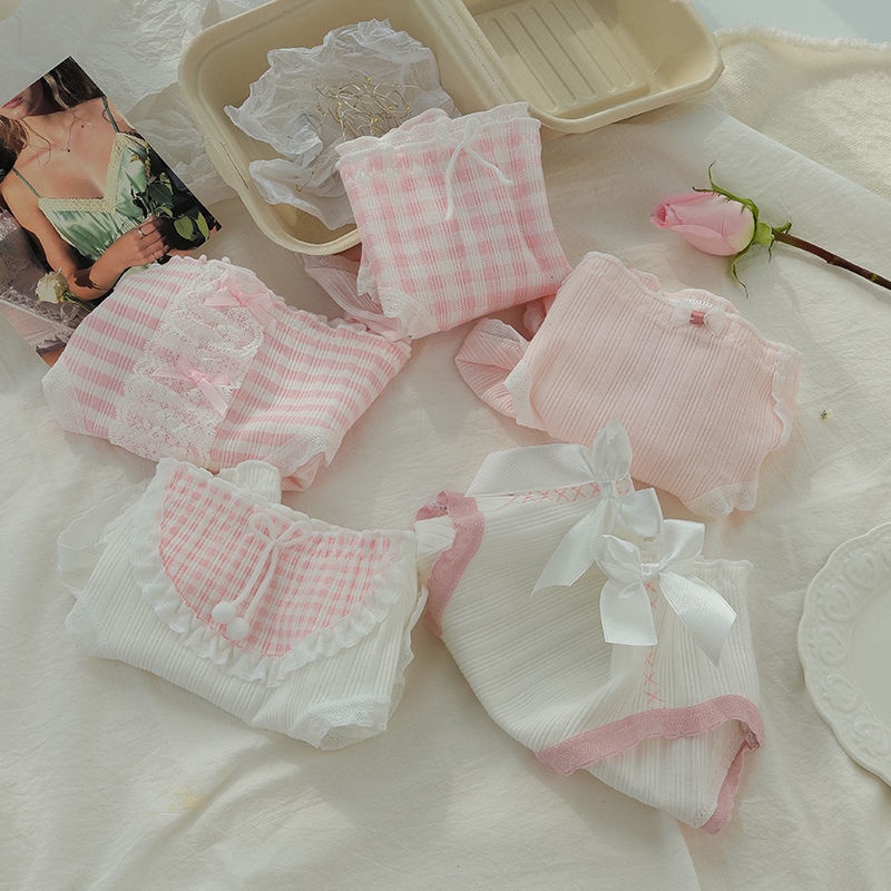 Jiashucheng Quần Lót Cotton Nguyên Chất Phối Ren Lưng Vừa Kiểu Công Chúa Ngọt Ngào Cỡ Lớn Phong Cách Nhật Bản Cho Nữ