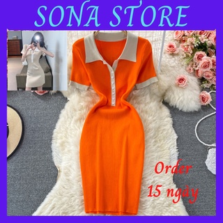 Váy body polo len dệt kim cộc tay ngắn đầm ôm nữ sexy gợi cảm sang chảnh tiểu thư bánh bèo cute hàng quảng châu cao cấp