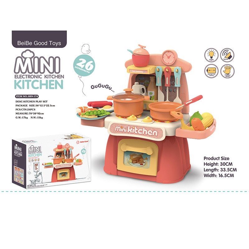 Bộ Đồ Chơi Nhà Bếp, Đồ Chơi Nấu Ăn Mini Kitchen 26 Món Màu Hồng Cam Có Phát Nhạc