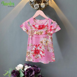 Đầm lanh lụa mùa hè trễ vai bèo tầng cho bé gái từ 12-22kg - Ninedra