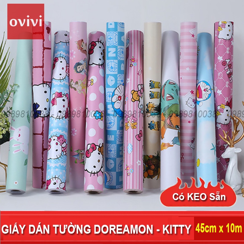 Giấy dán tường DOREMON cho bé 10m hoạt hình phòng ngủ có keo sẵn dày nhám giá rẻ Ovivi
