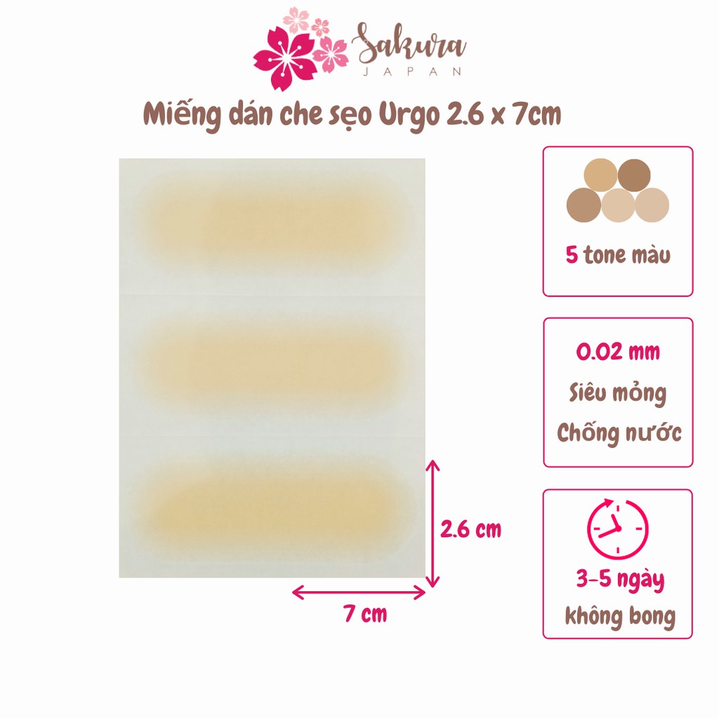 Miếng dán sẹo Japan Sakura Urgo 2,6x7cm miếng dán che khuyết điểm chống nước nhiều màu nhiều size