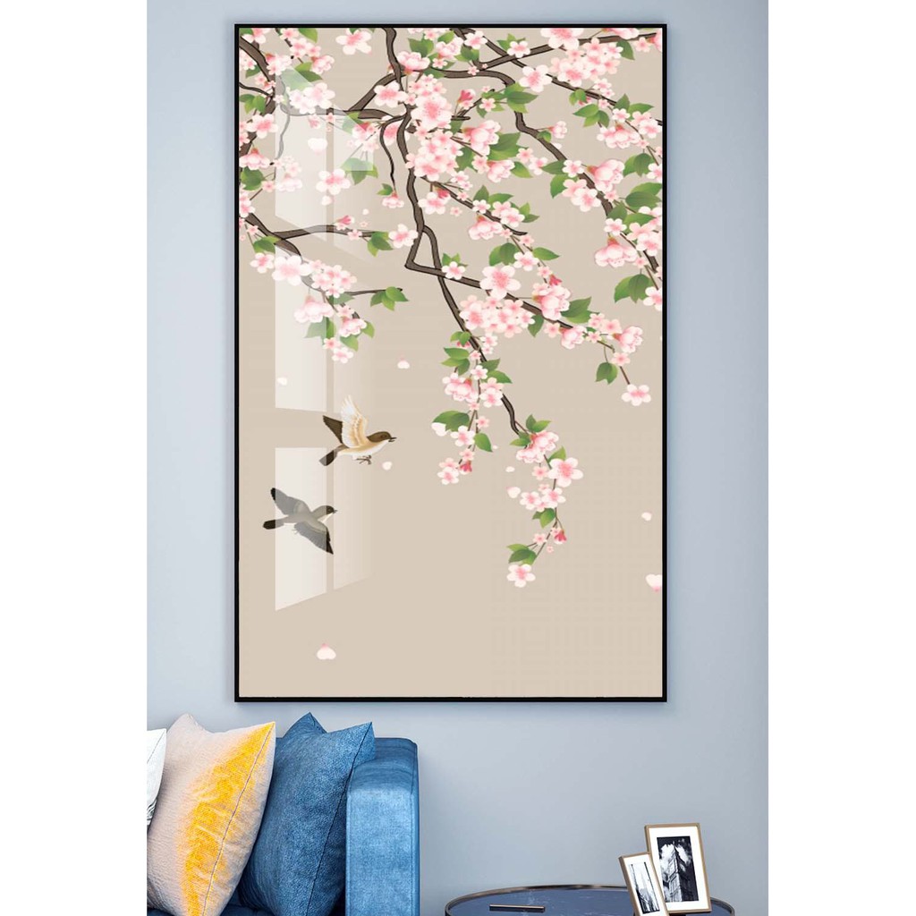 Tranh treo tường hiện đại hoa đào và đôi chim chất liệu bóng kính hoặc vải canvas ZTU_261897