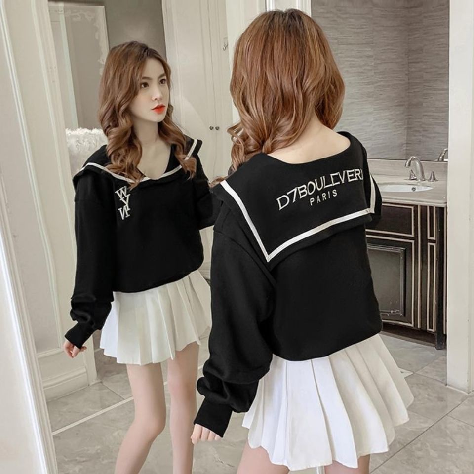 Áo sweater tay dài cổ hải quân dáng rộng in họa tiết phong cách đường phố Hàn Quốc mới 2020