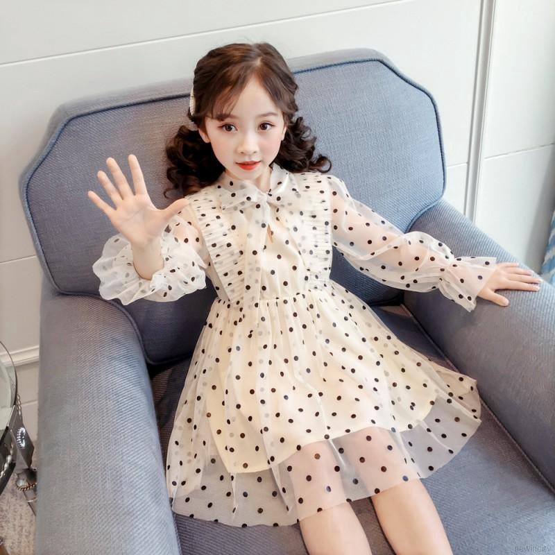 Đầm công chúa tay dài chấm bi phong cách Hàn Quốc đáng yêu cho bé gái