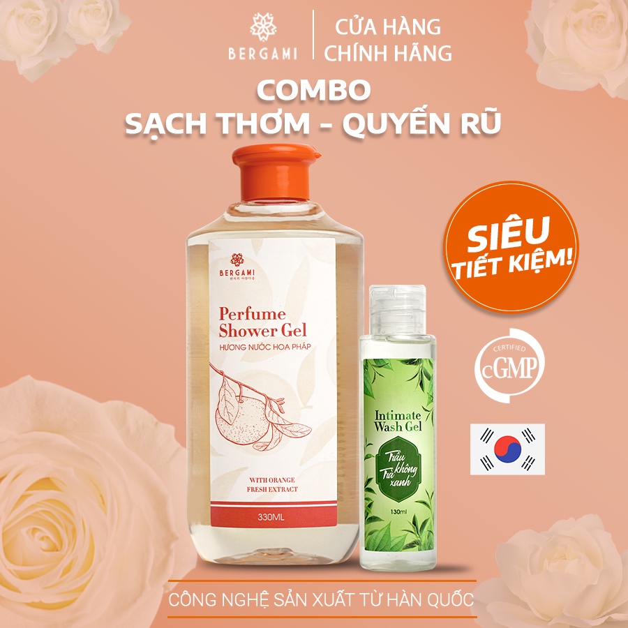 Combo Sữa tắm dưỡng ẩm Bergami 330ml &amp; Dung dịch vệ sinh phụ nữ Bergami giảm khuẩn giảm viêm ngứa 130ml