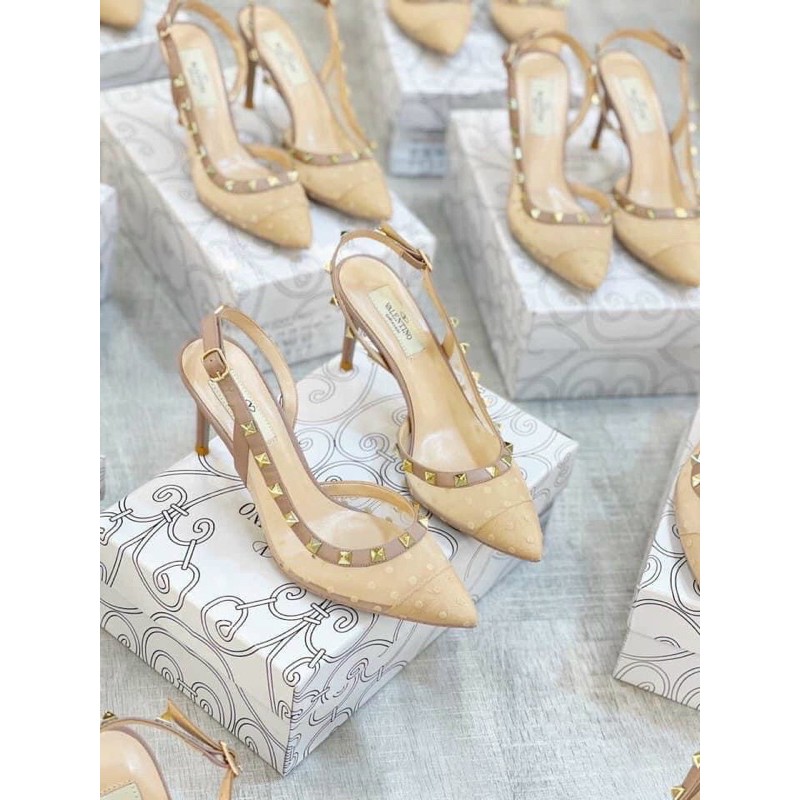 [fullbox bill túi giấy] giày nữ viền đinh vltn lưới chấm bi mũi nhọn cao gót 7 cm - giày sandal bít mũi màu kem