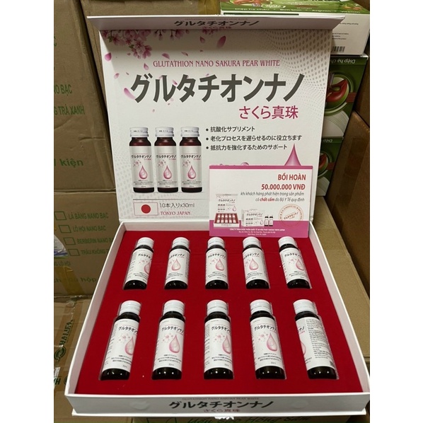 Hộp 10 chai nước uống trắng da GLUTATHION NANO SAKURA PEAR WHITE giúp làm sáng da mờ nám chống lão hóa