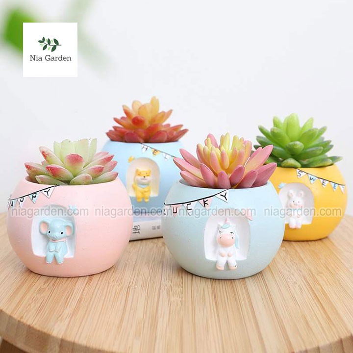 Chậu nhựa trồng sen đá xương rồng mini hình thỏ chó Shiba kỳ lân voi Nia Garden N4