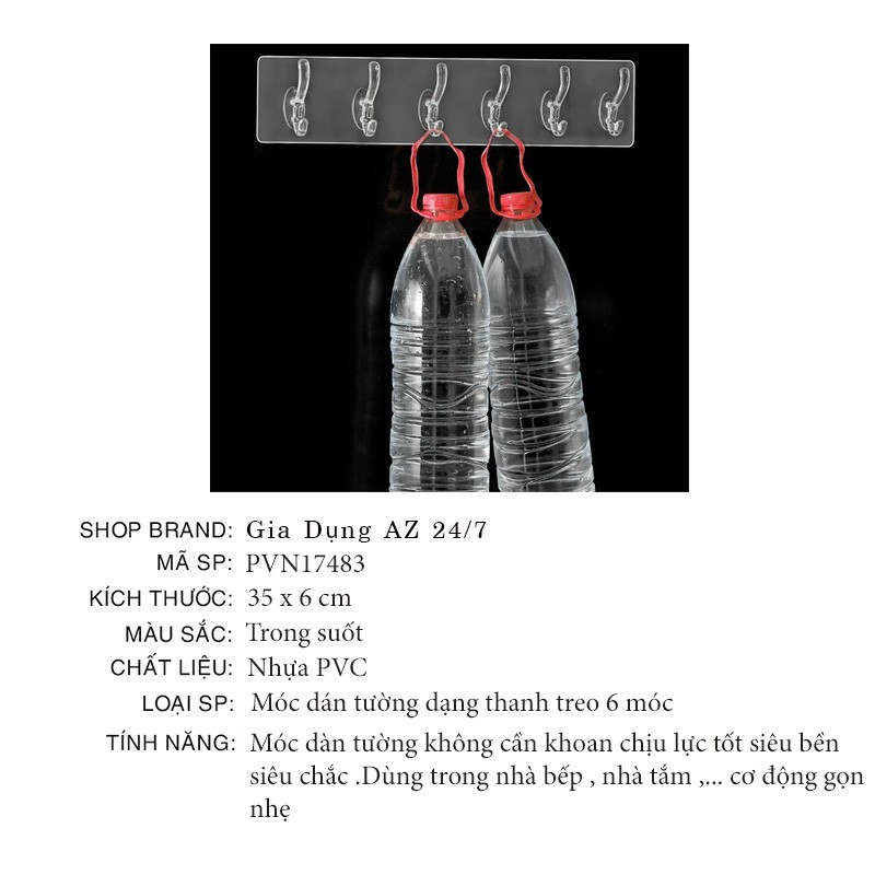 Móc dán tường chịu lực trong suốt siêu dính siêu bền chắc dạng thanh treo 6 móc trong suốt tiện lợi MiibooShi PVN17483