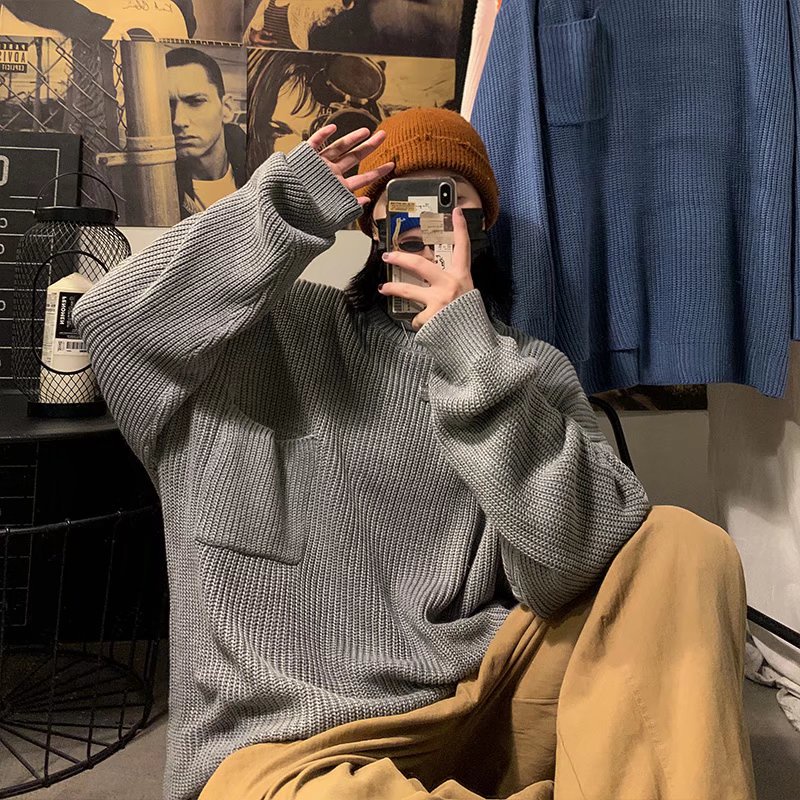 Áo Sweater Dệt Kim Tay Dài Dáng Rộng Phối Túi Màu Sắc Đơn Giản Phong Cách Nhật Bản Cho Nam Giới Có Size M-2XL