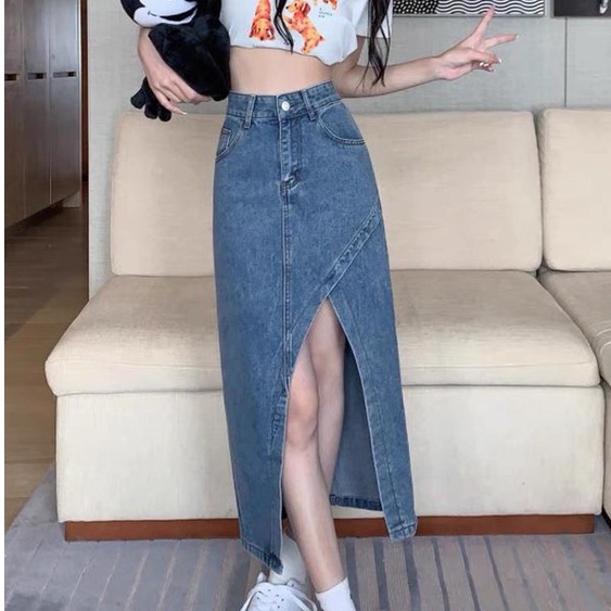 Chân váy nữ jean/ kaki cạp cao, chân váy midi dài qua gối phong cách_a19