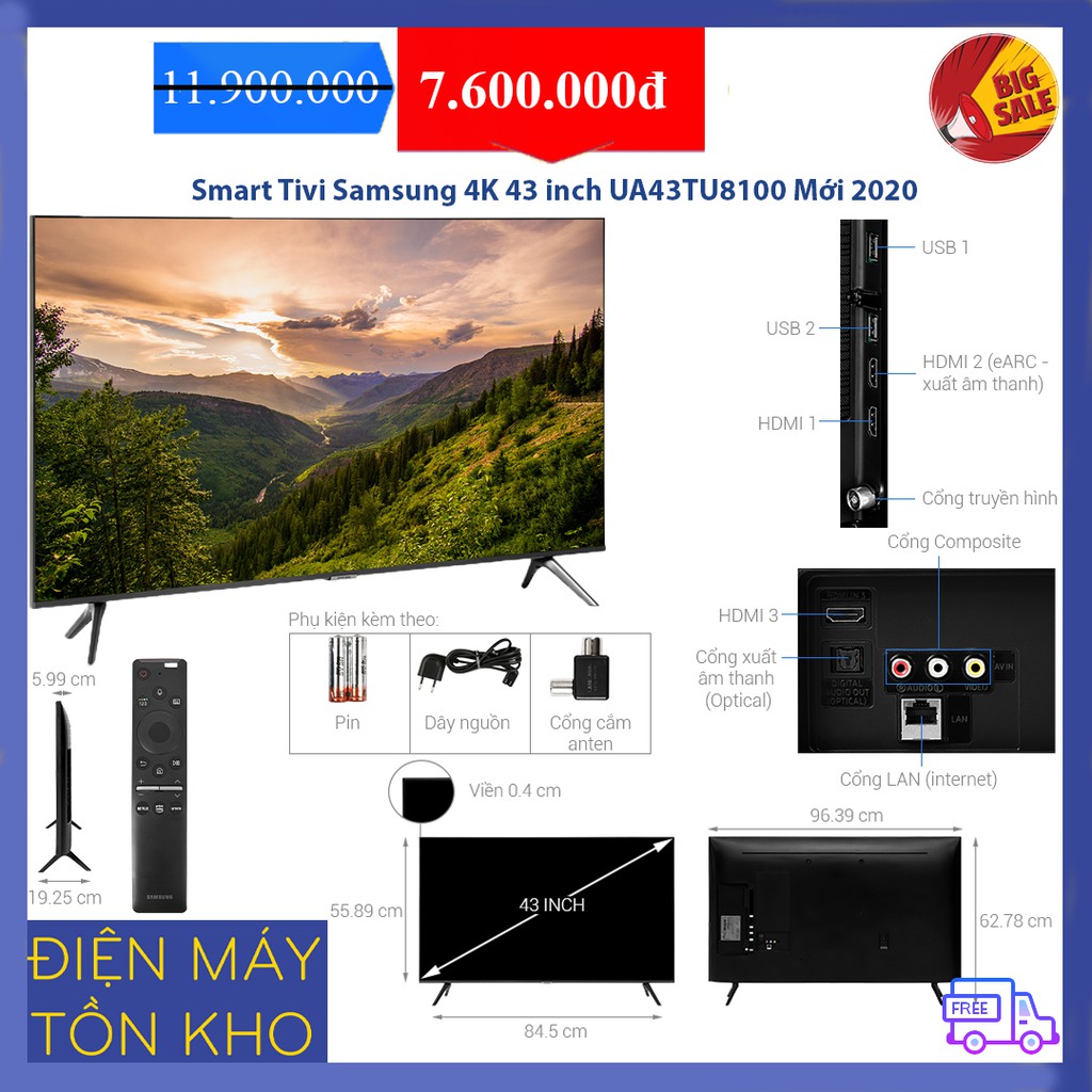 Smart Tivi Samsung 4K 43 inch UA43TU8100 Mới 2020