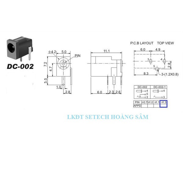 Jack nguồn cái, chân ngồn DC005 5.5x2.0mm DC002 3.5x1.3mm chân cắm hàn mạch