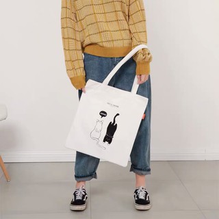 Túi tote vải bố đựng đồ đi học đi chơi in hình 2 con mèo đen trắng dễ thương phong cách Hàn Quốc