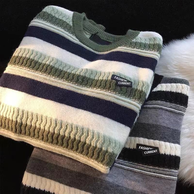 Áo Sweater Cổ Tròn Dáng Rộng Họa Tiết Kẻ Sọc Phong Cách Nhật Bản Thời Trang Mùa Đông Xinh Xắn Cho Cặp Đôi