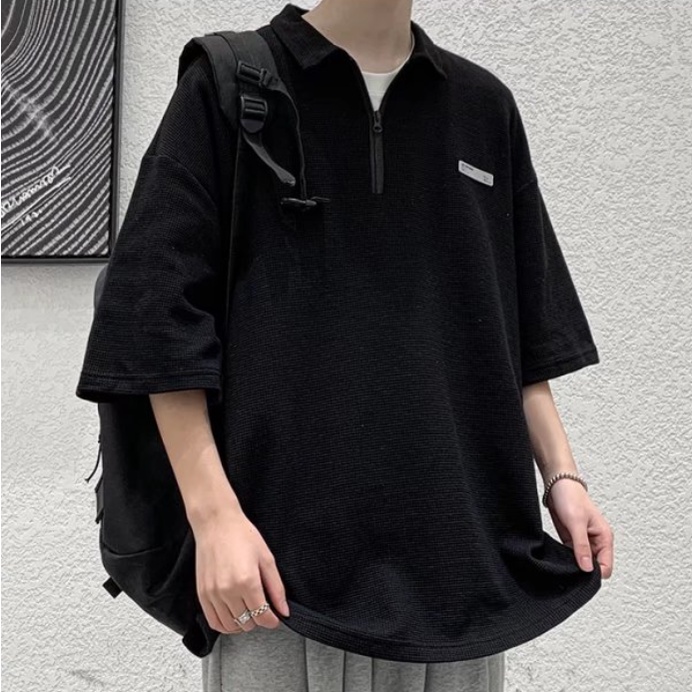 Áo Thun Polo nam Tay Ngắn Dáng Rộng Màu Trơn Có Khóa Kéo Thời Trang Phong Cách Hàn Quốc Cho Giới áo phông unisex bigsize áo sơ mi