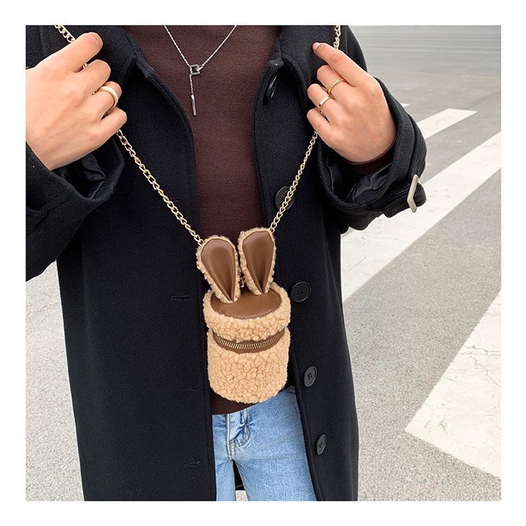 Túi Đeo Chéo Lông Cừu Mini Hình Trụ Đính Tai Thỏ Thời Trang Cho Nữ