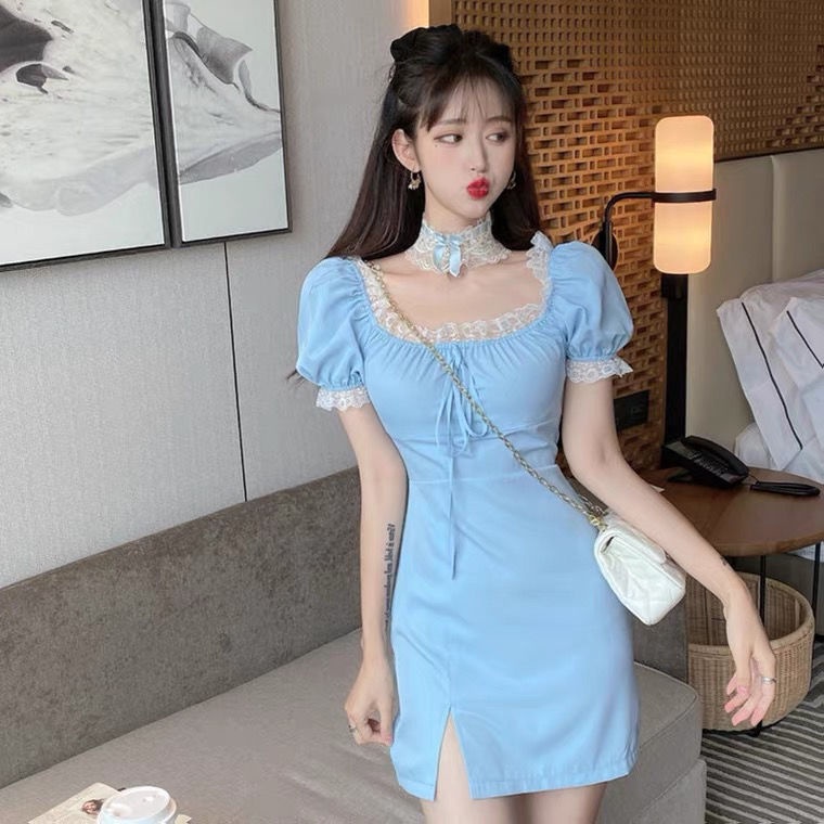 Đầm Tay Phồng Phối Ren Thắt Nơ Phong Cách Hàn Quốc Mới