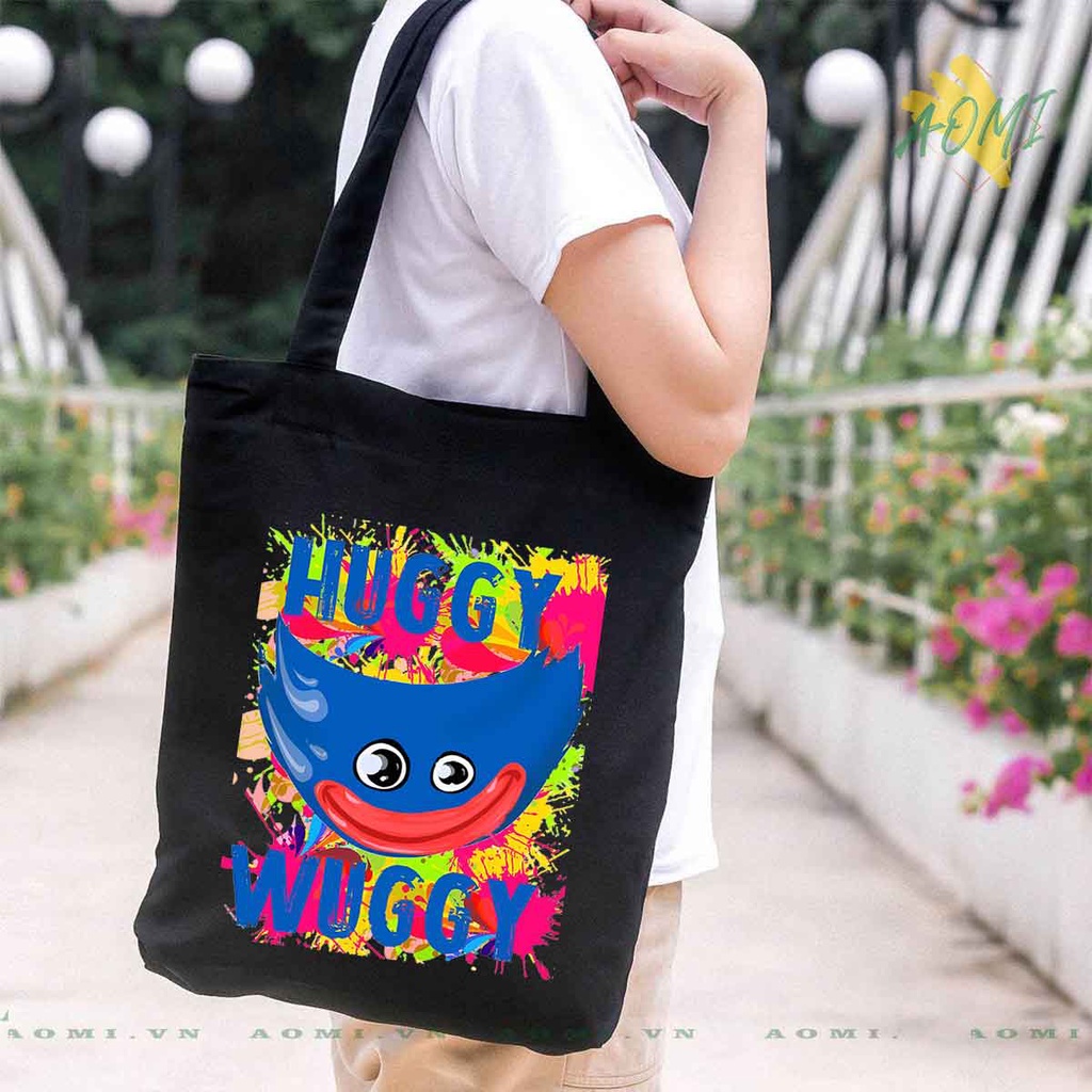 TOTE CANVAS HUGGY WUGGY TÚI VẢI ĐEO VAI BAG CÓ KHÓA KÉO SIZE LỚN 33x38cm AOMIVN DU LỊCH MÀU ĐEN TRẮNG