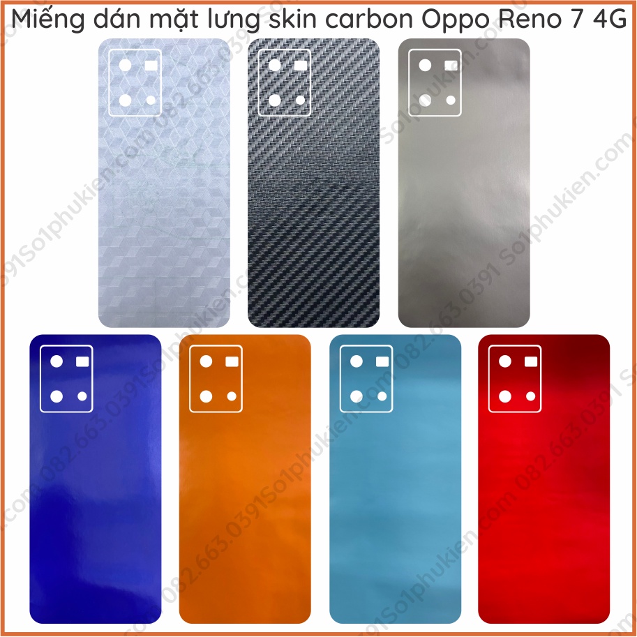 Miếng dán mặt lưng kèm cam Oppo Reno 7 4G skin carbon, skin màu nhiều màu đẹp