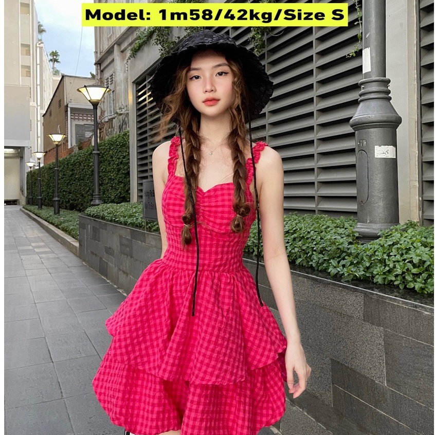 Jumpsuit 2 Dây Caro Thắt Nơ Ngực Xếp Tầng - HÀNG CÓ SẴN