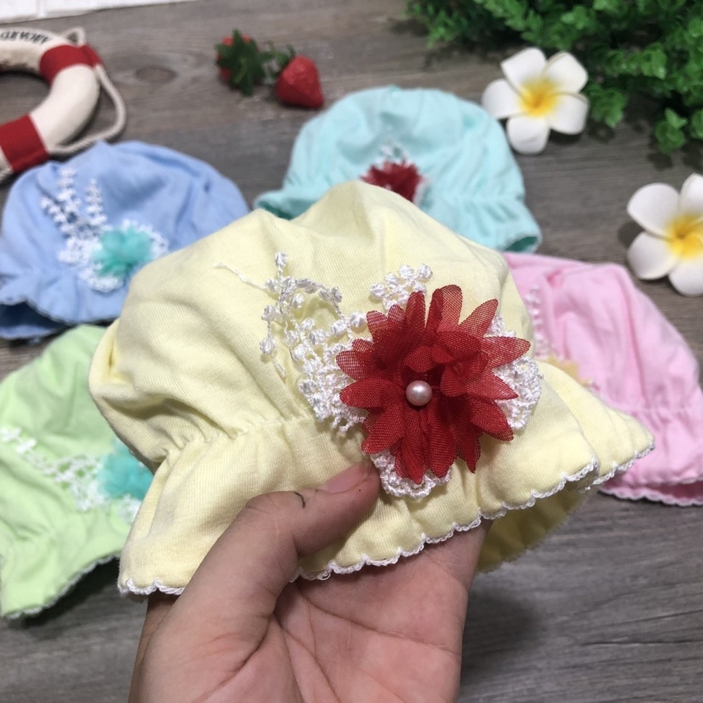 Mũ Sơ Sinh Hoa Buộc Dây Cotton Siêu Đẹp cho bé