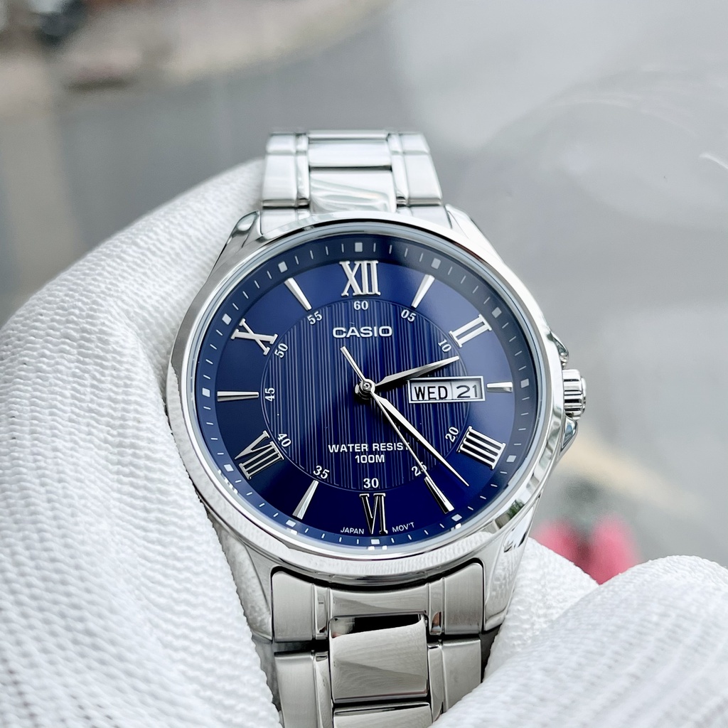 Đồng hồ Nam Casio MTP-1384D-2AV, đồng hồ chính hãng, dây bạc mặt xanh