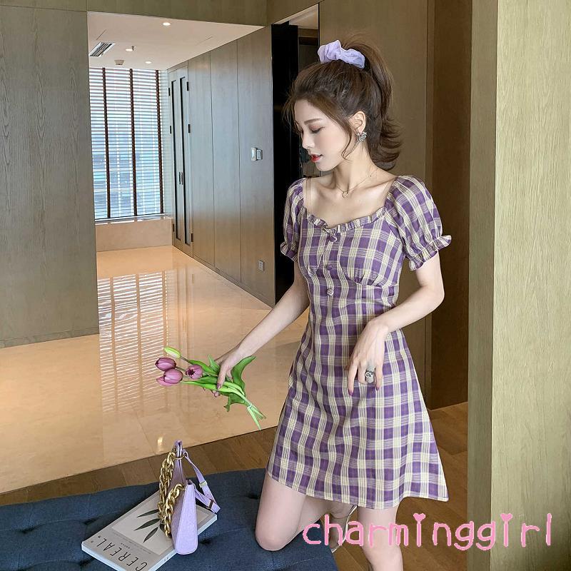 Đầm Ngắn Tay Ca Rô Ca Rô Thời Trang Dành Cho Nữ