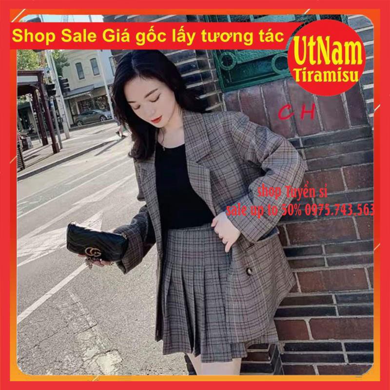 Sét áo vest + chân váy Kẻ có ảnh thật sp kiểu dáng unisexFreesize 55kgphong cách Hàn Quốc