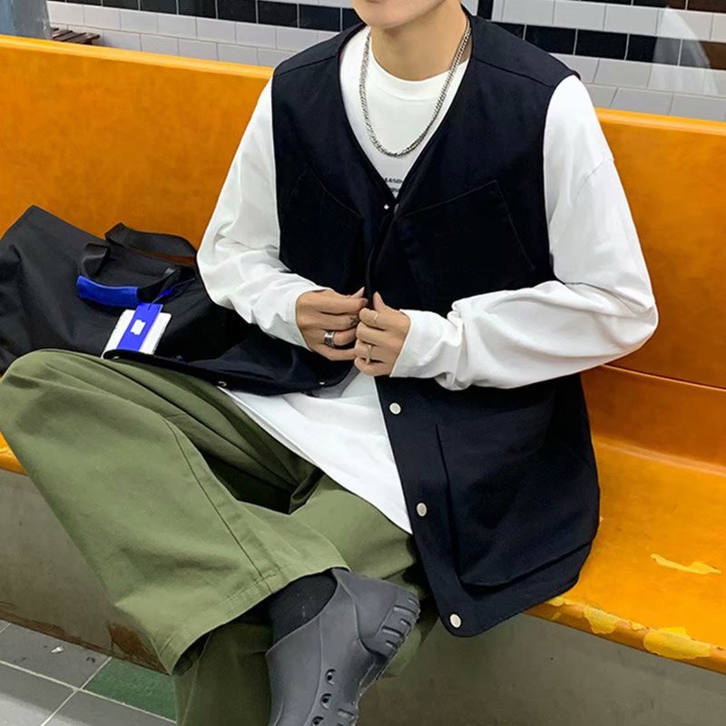 Áo khoác không tay dáng rộng phong cách retro nhật bản dành cho nam giới