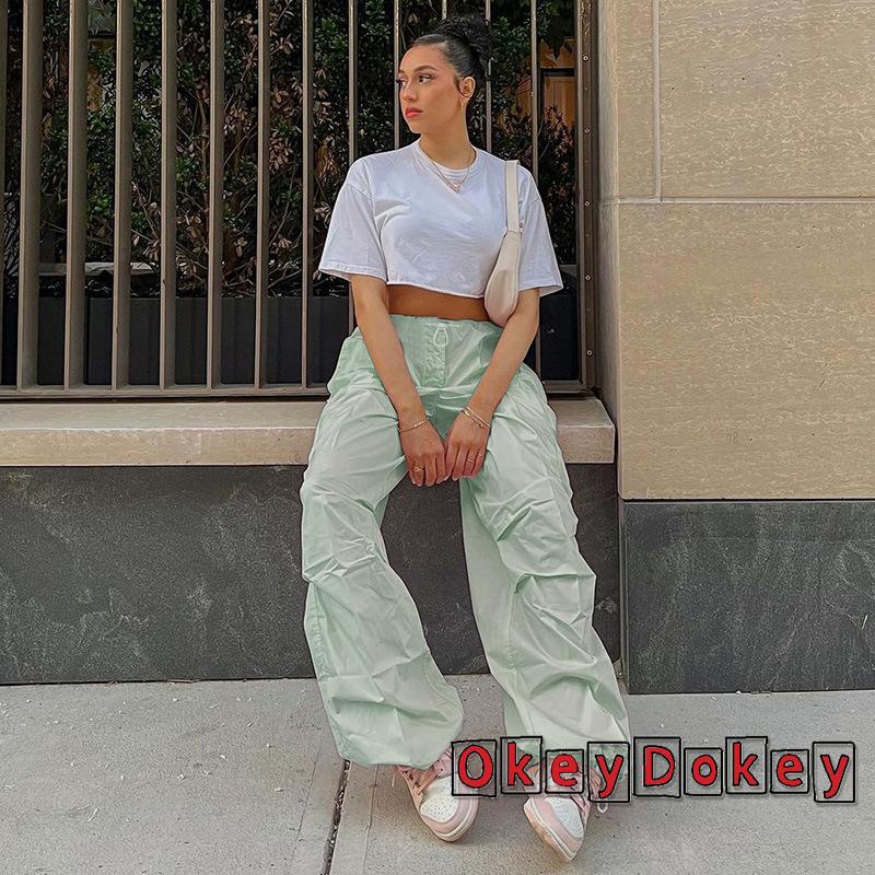 Quần Baggy Lưng Thấp Màu Trơn Phối Dây Rút Thời Trang Harajuku y2k