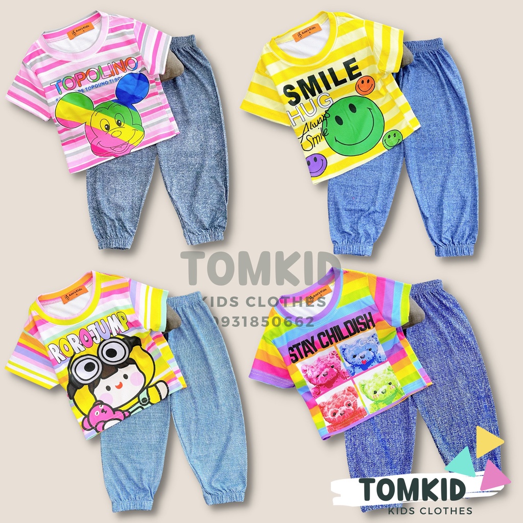 Đồ bộ cho bé gái bộ tay ngắn quần dài GIẢ JEAN cho bé thun lạnh thoáng mát co giãn 10-42kg TomKids