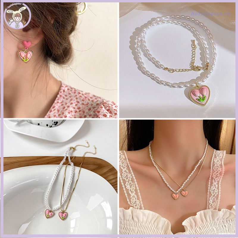 Vòng cổ Mặt Hình Hoa Tulip Đính Ngọc Trai Thời Trang Cho Nữ