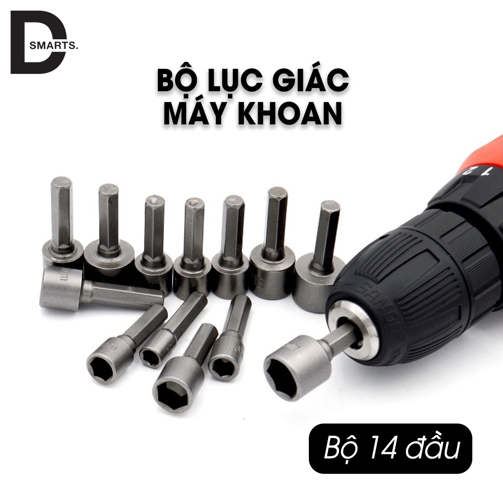 Bộ 14 khẩu tuýp vặn ốc lục giác gắn máy khoan 14 đầu vít bắn tôn