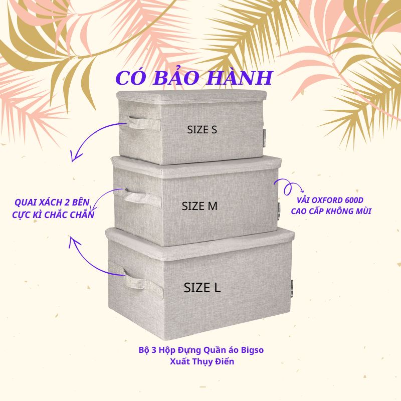 Hộp Vải Đựng Quần Áo Bằng Vải Gấp Gọn Bigso Xuất Thụy Điển Khung Cứng Có Quai Xách và Nắp Đậy Sắp Xếp Tủ Quần áo