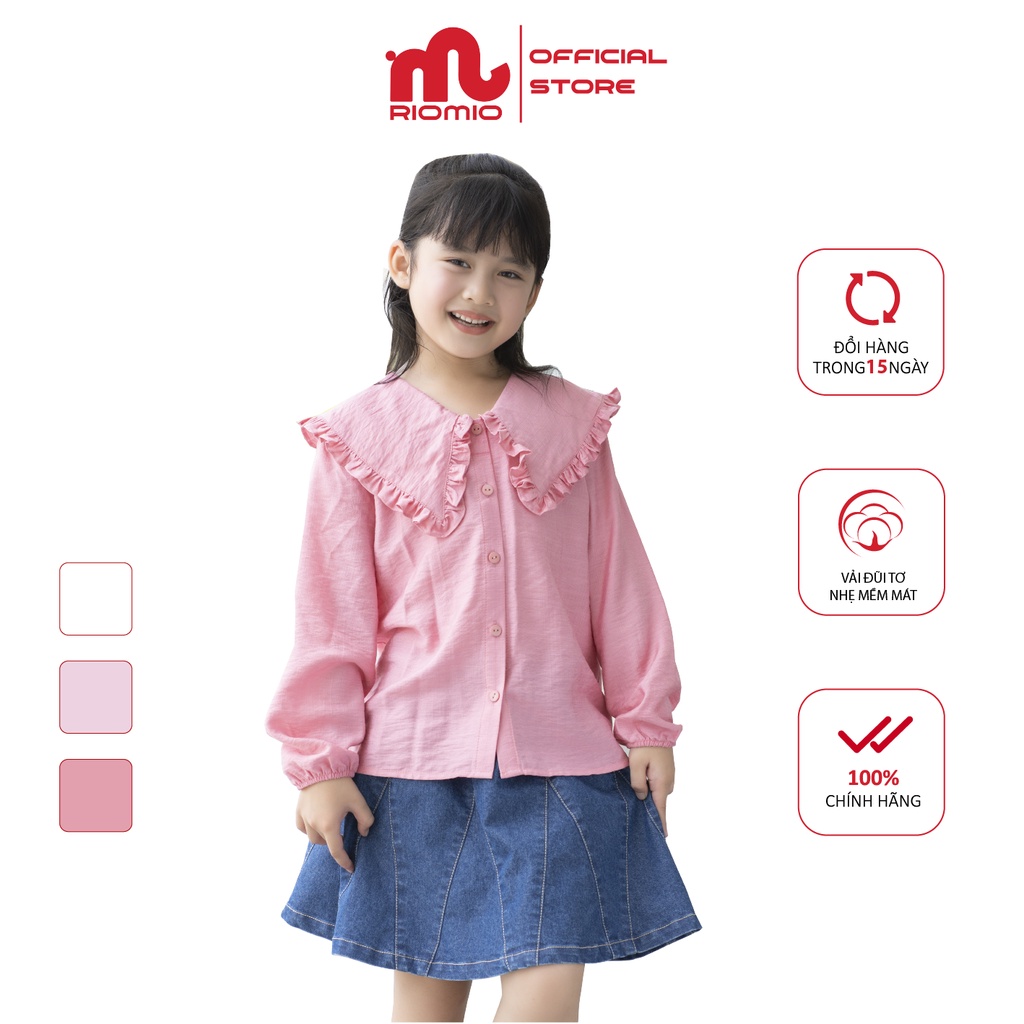 Áo sơ mi cho bé gái 5-12 tuổi size 20-50kg RIOMIO dài tay cổ bèo đồng phục đi học đi chơi chất đũi mềm mát - RA286