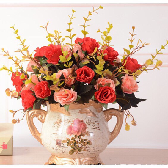 Hoa giả cao cấp - cành hoa hồng Châu Âu 10 bông trang trí kèm lá điểm