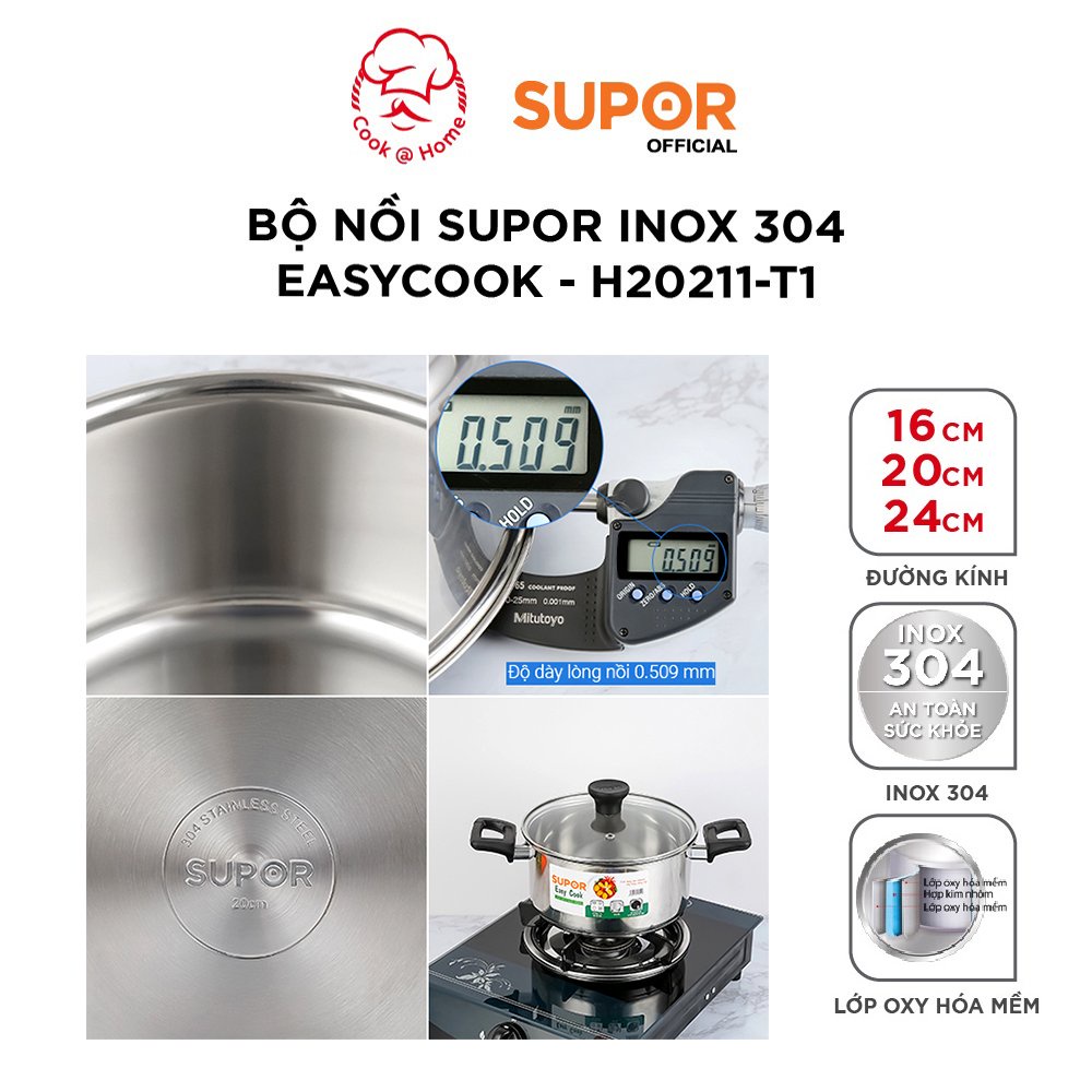 Bộ nồi Supor inox 304 Easycook size 16, 20, 24cm - H20211-T1