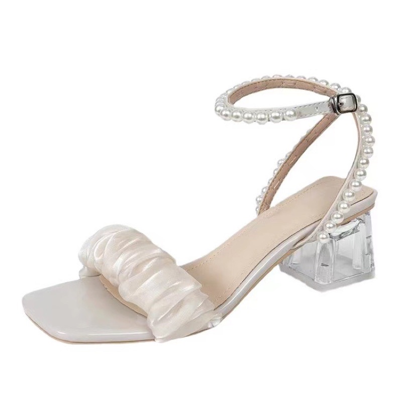 SALE—- Sandal bèo nhún gót vuông trong suốt quai quấn đính cườm BIG SIZE 41-43