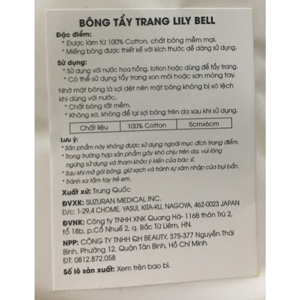 Bông tẩy trang Lily Bell 222 miếng