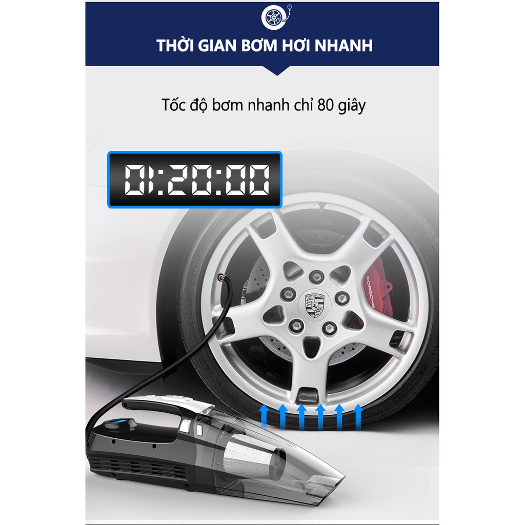 Máy hút bụi kiêm bơm lốp ô tô RUNDONG R6055 120W, cao cấp đa năng 4 in 1.