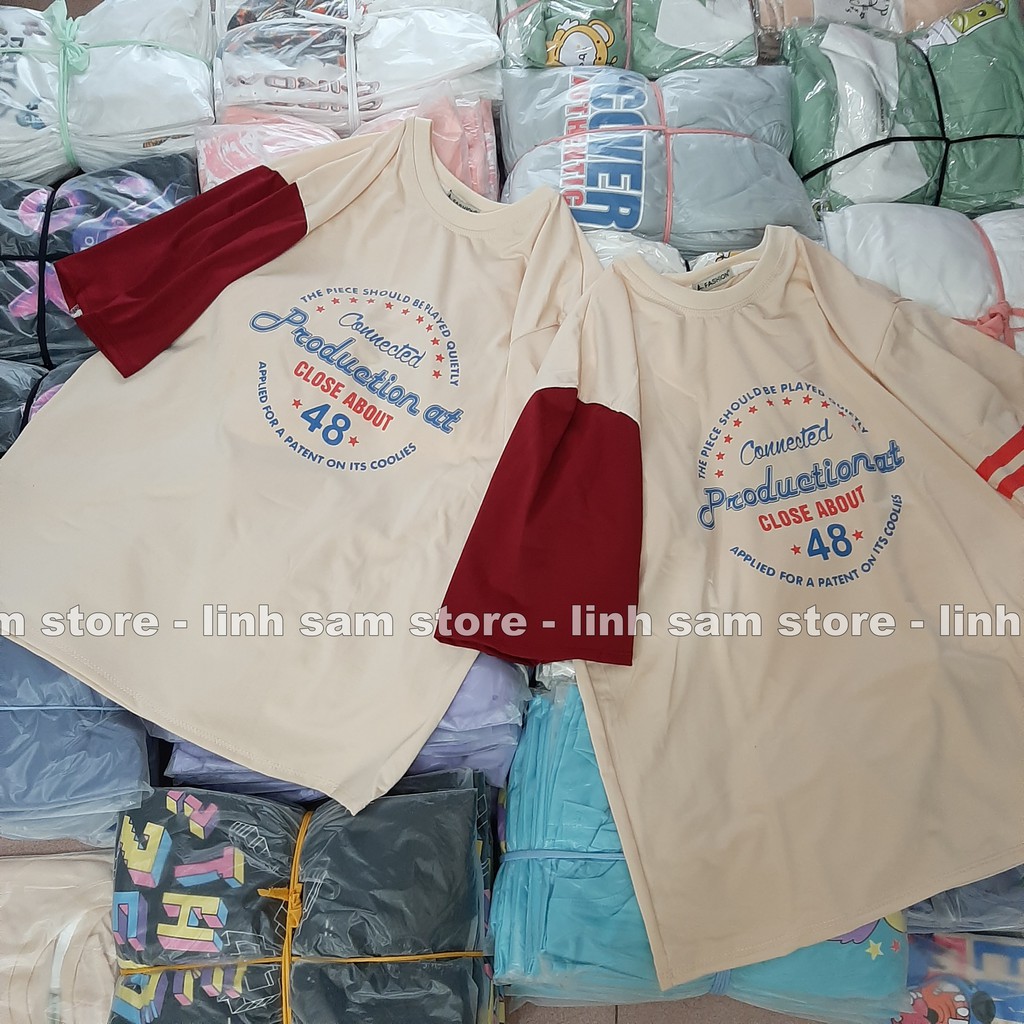 Áo thun nữ tay lỡ freesize phông form rộng dáng Unisex, mặc cặp, nhóm, lớp in chữ PRODUCTION 48 MÀU NUDE SỮA