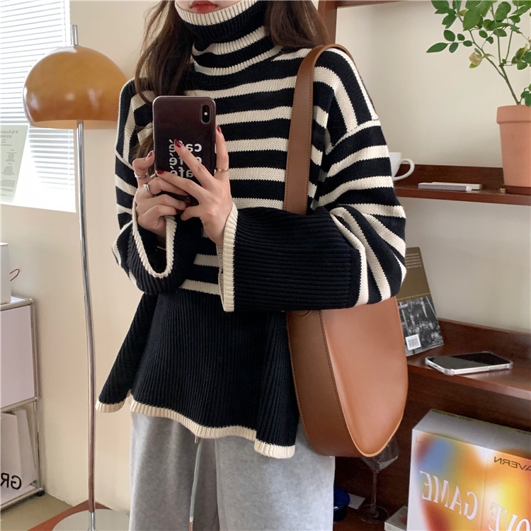 621558#Áo Sweater Dệt Kim Tay Dài Cổ Lọ Dáng Rộng Xẻ Tà Thời Trang Thu Đông 2022 Mới