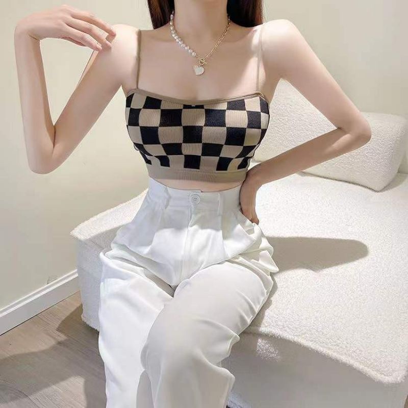 Áo bra quây ngang 2 dây mút may liền hoạ tiết caro