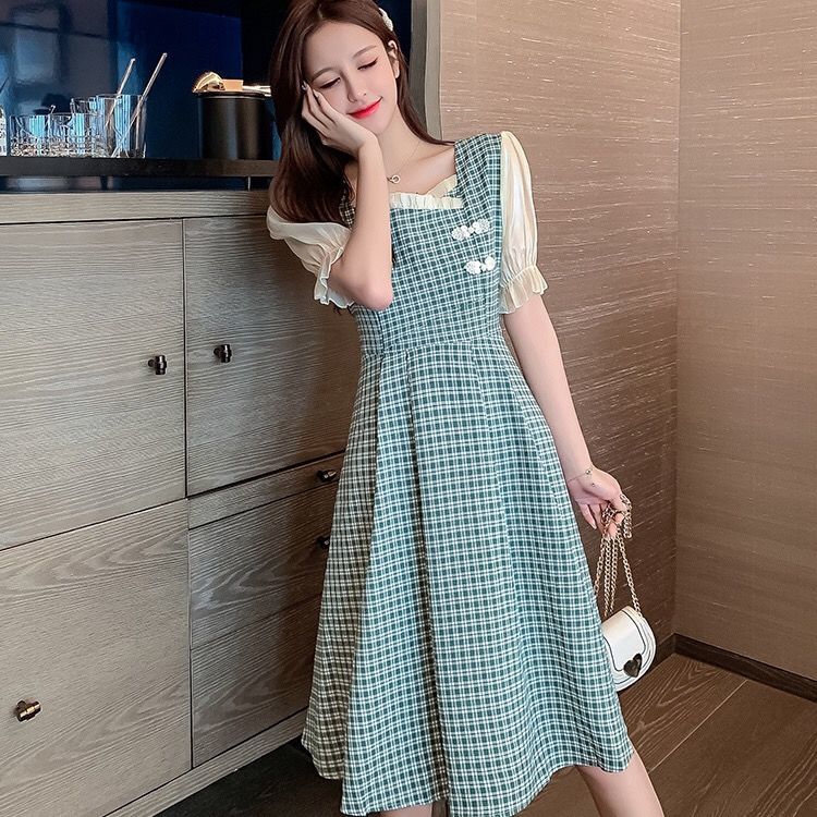 Đầm Nữ Ngắn Tay Cổ Vuông Họa Tiết Caro Thời Trang | BigBuy360 - bigbuy360.vn