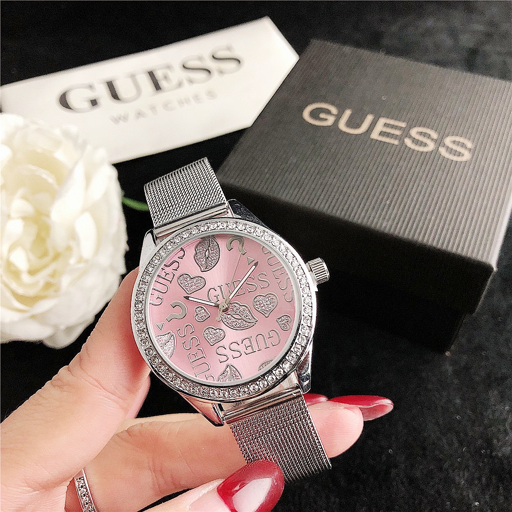 Guess Graffiti Hoa Hồng Vàng Lưới Thép Không Gỉ Dây Đeo Đồng Hồ Nữ Đồng Hồ Thời Trang Thường Ngày