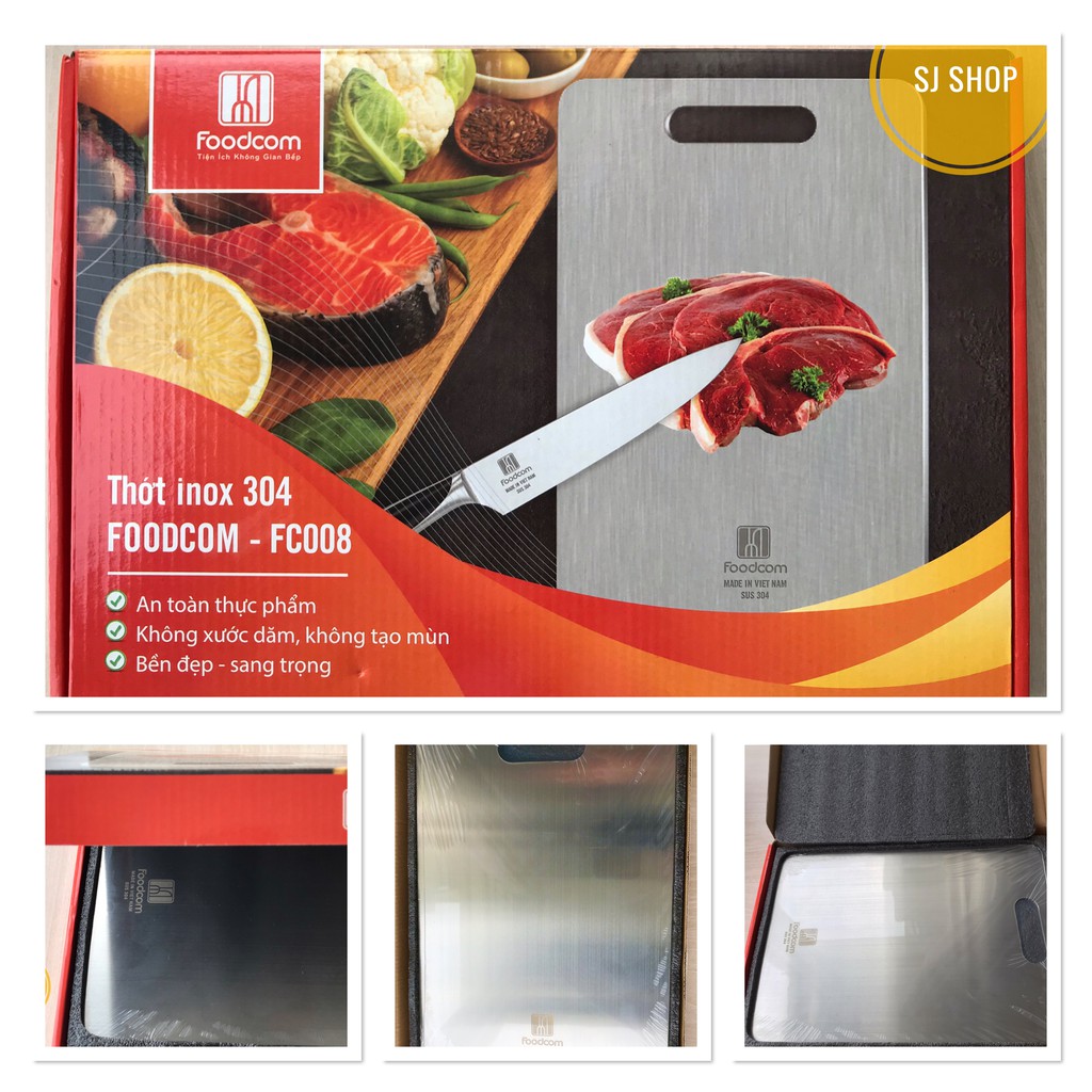 Thớt Inox 304 💝FREESHIP + HOÀN XU💝Chính Hãng Foodcom Việt Nam [Tặng 2 móc treo siêu dính] Size 33cm x 23cm FC008