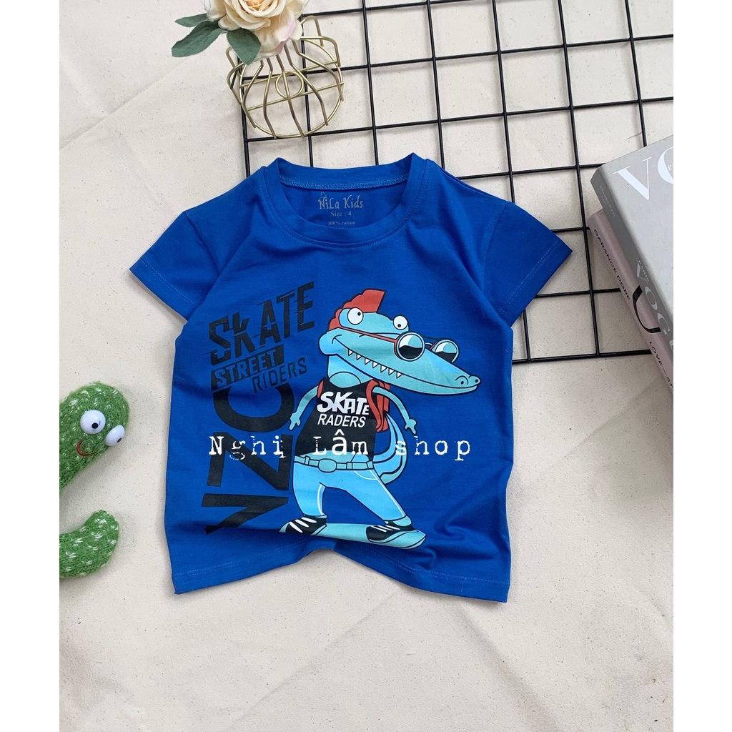 Áo thun ngắn tay bé trai in hình cá sấu chất liệu thun cotton 100% co giản 4 chiều mềm mịn mát cho bé từ 8-36 kg